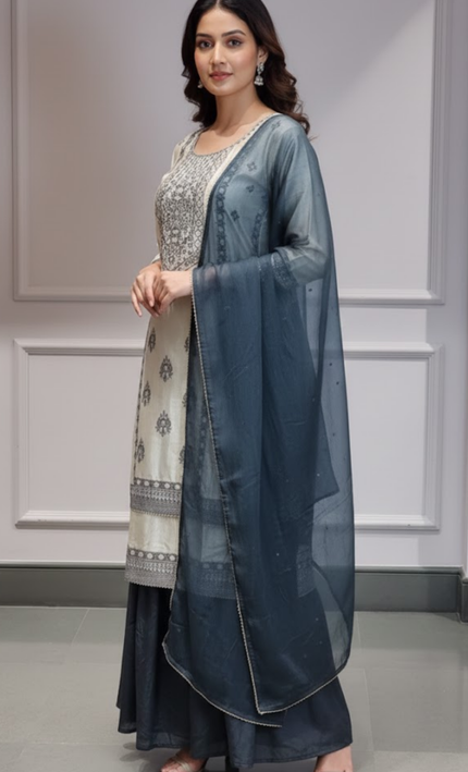 Ivory & Navy Blue Embroidered Sharara Punjabi Suit Set