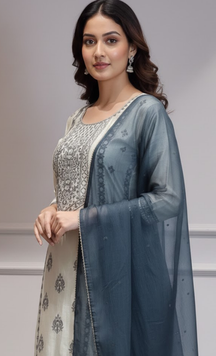 Ivory & Navy Blue Embroidered Sharara Punjabi Suit Set