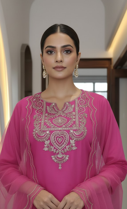 Magenta Mirror Work Suit Set with Net Dupatta (3-Piece Festive Edit)