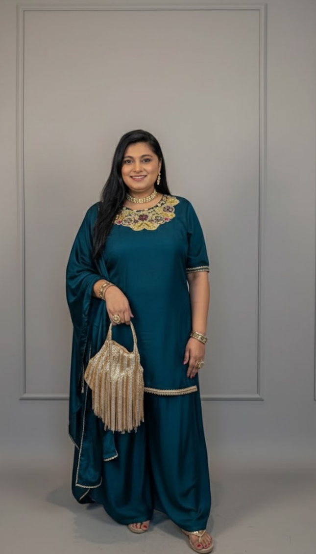 Teal Blue Heavy Embroidered Sharara Set with Dupatta