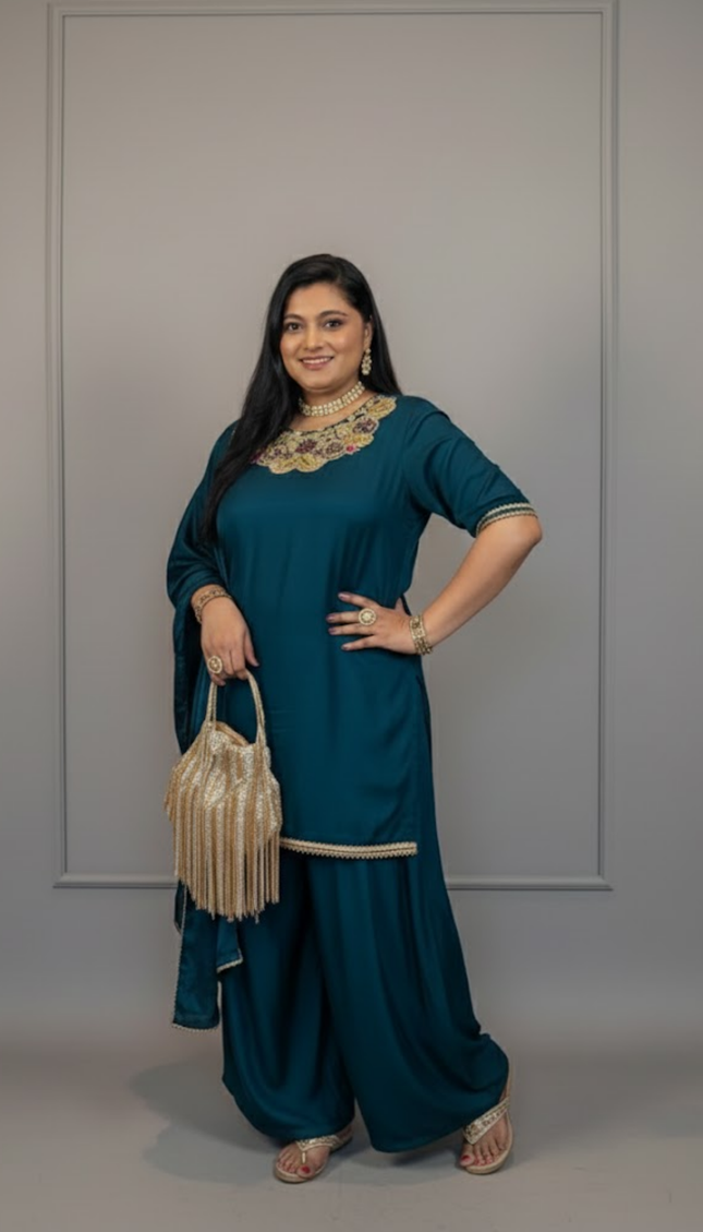 Teal Blue Heavy Embroidered Sharara Set with Dupatta