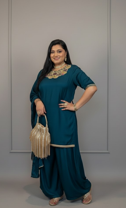 Teal Blue Heavy Embroidered Sharara Set with Dupatta