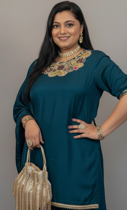 Teal Blue Heavy Embroidered Sharara Set with Dupatta