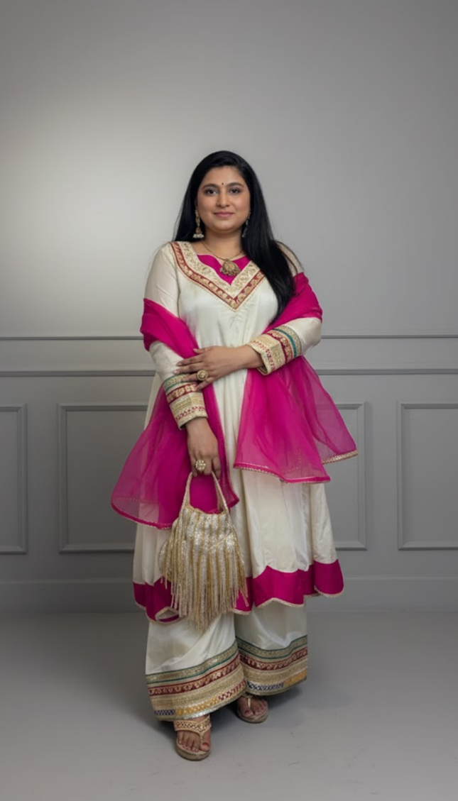 Ivory & Fuchsia Pink Gotta Patti Sharara Set