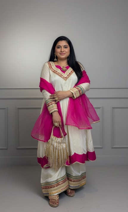 Ivory & Fuchsia Pink Gotta Patti Sharara Set