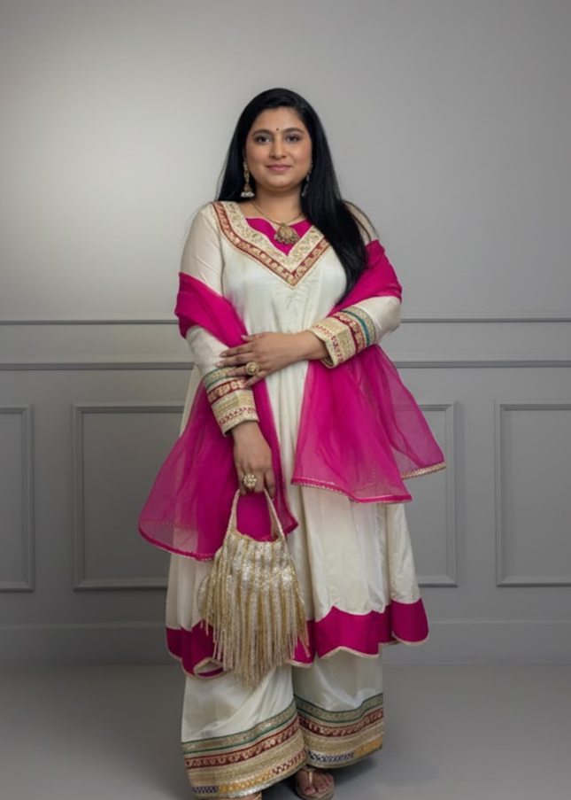 Ivory & Fuchsia Pink Gotta Patti Sharara Set
