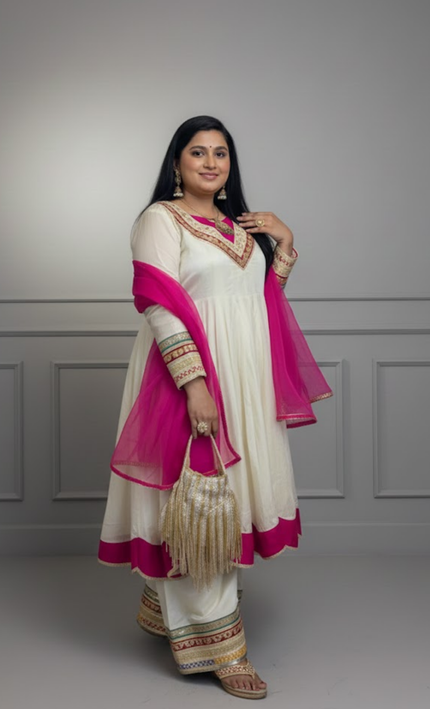 Ivory & Fuchsia Pink Gotta Patti Sharara Set