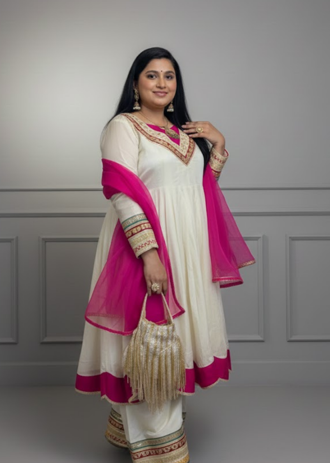 Ivory & Fuchsia Pink Gotta Patti Sharara Set