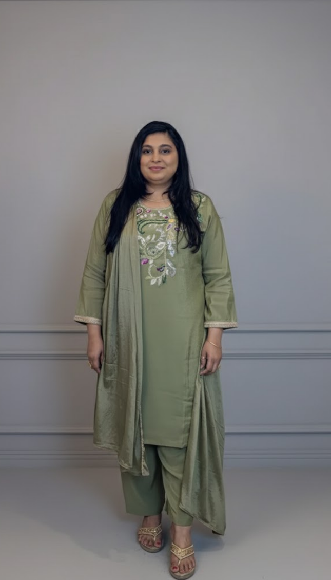 Olive Green Hand-Embroidered Festive Kurta Set