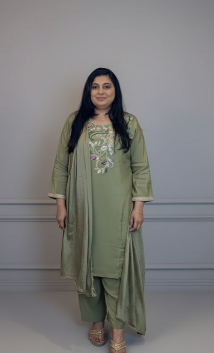 Olive Green Hand-Embroidered Festive Kurta Set