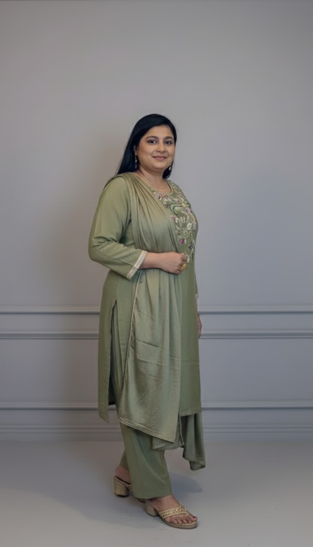 Olive Green Hand-Embroidered Festive Kurta Set