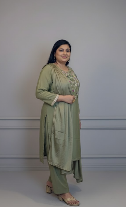 Olive Green Hand-Embroidered Festive Kurta Set