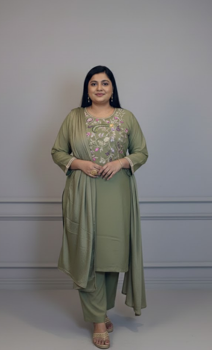 Olive Green Hand-Embroidered Festive Kurta Set