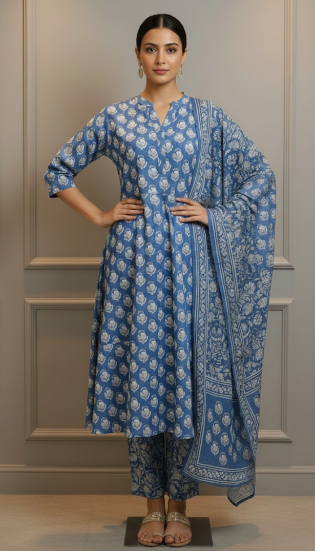Indigo Blue Cotton Kurta Set with Floral Handblock Print (3-Piece)