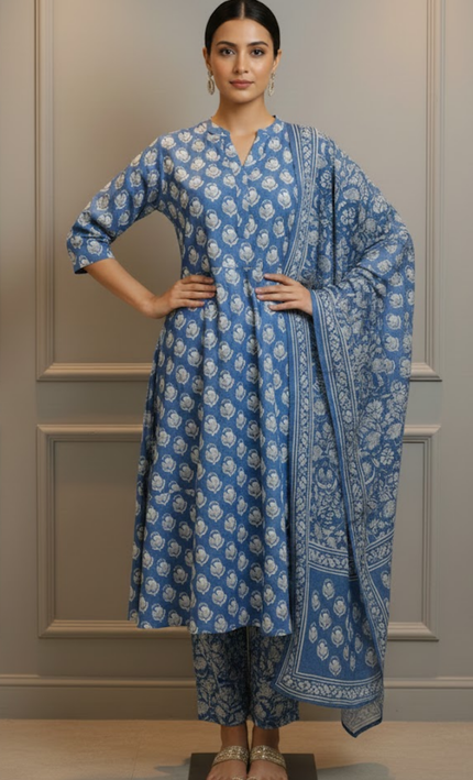 Indigo Blue Cotton Kurta Set with Floral Handblock Print (3-Piece)
