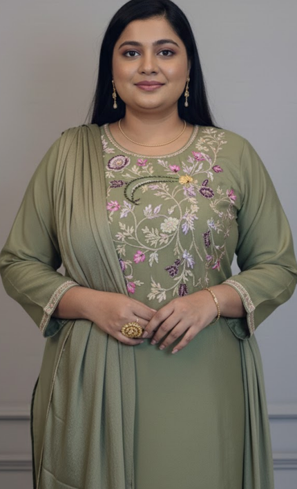 Olive Green Hand-Embroidered Festive Kurta Set