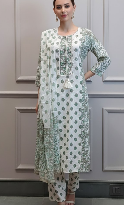 Green & White Jaipur Cotton Punjabi Suit