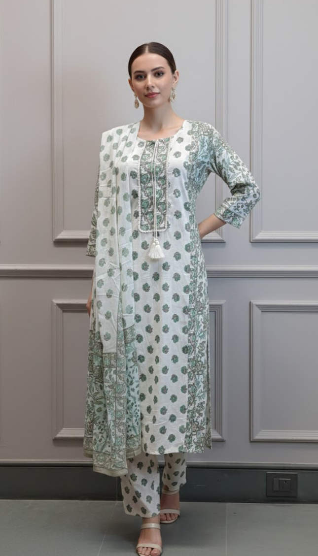 Green & White Jaipur Cotton Punjabi Suit