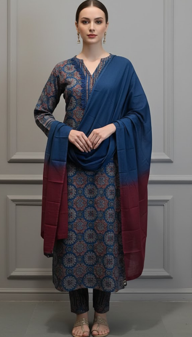 Ethereal Blue Ajrakh Cotton Punjabi Suit