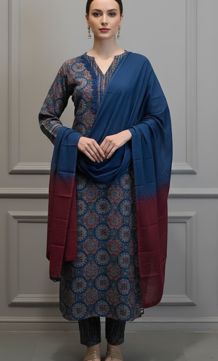 Ethereal Blue Ajrakh Cotton Punjabi Suit