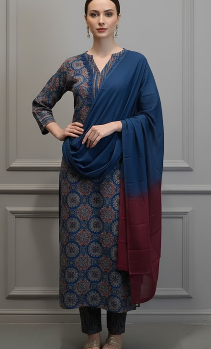 Ethereal Blue Ajrakh Cotton Punjabi Suit