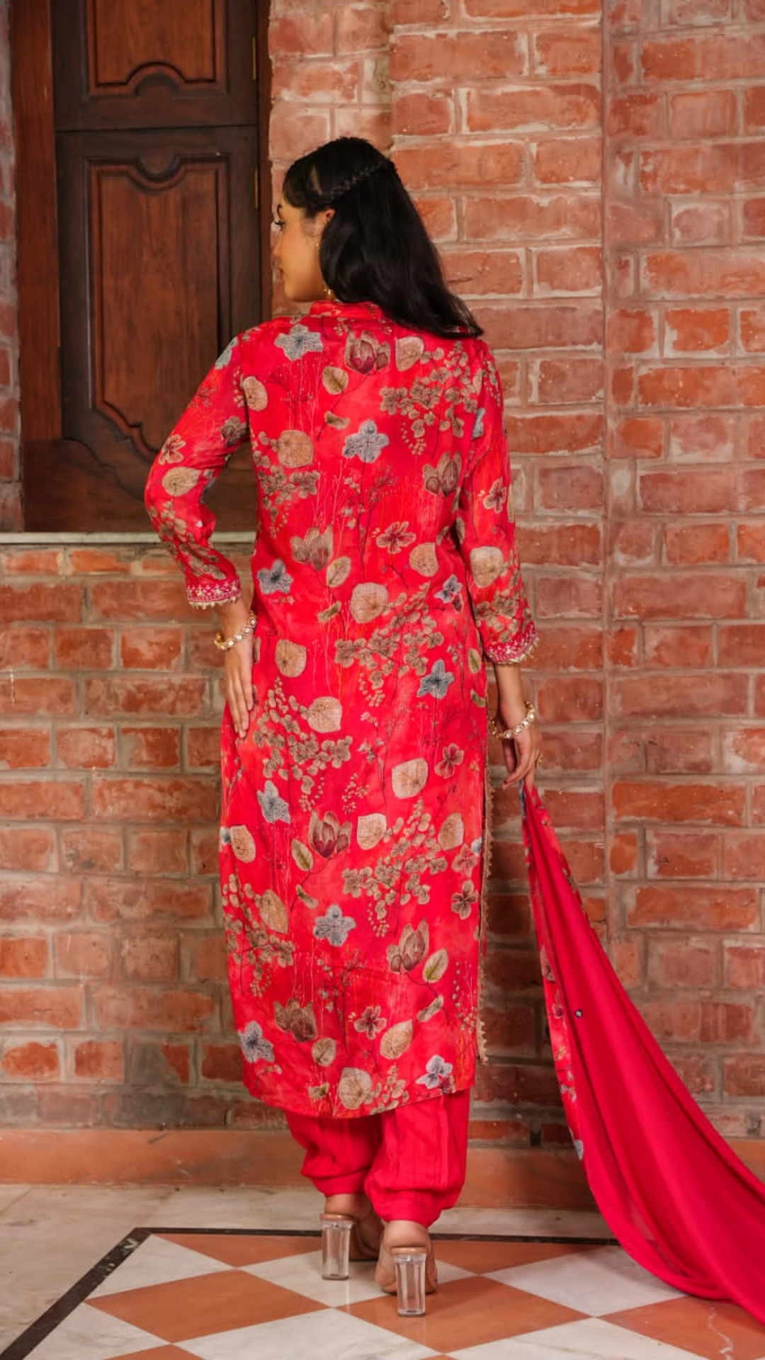Golden Leaf Red Chinnon Punjabi Suit