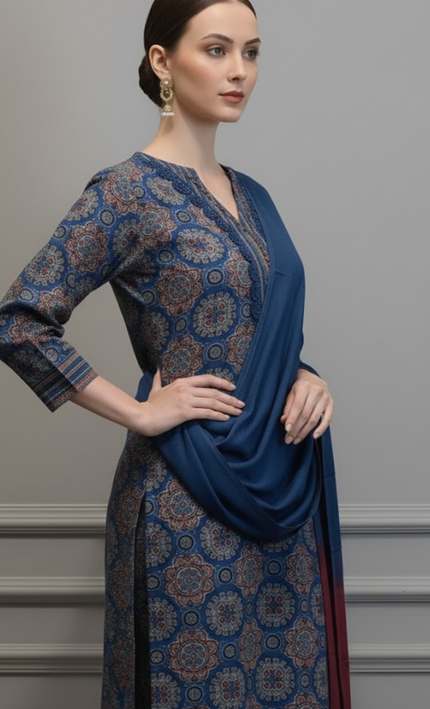 Ethereal Blue Ajrakh Cotton Punjabi Suit