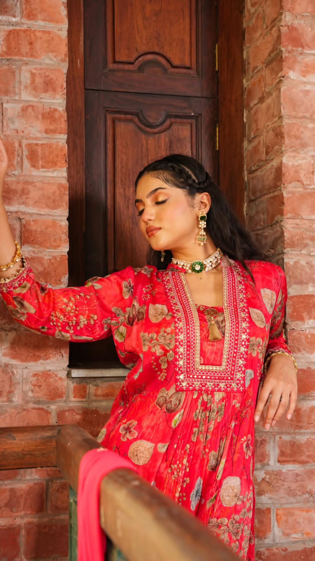 Golden Leaf Red Chinnon Punjabi Suit