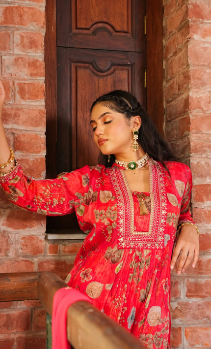 Golden Leaf Red Chinnon Punjabi Suit