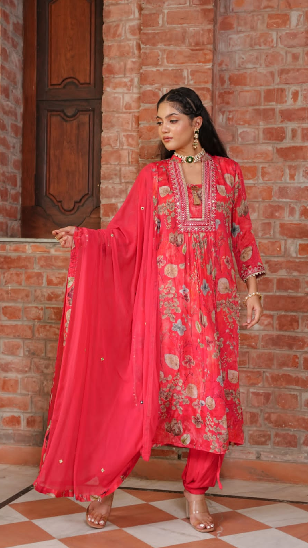 Golden Leaf Red Chinnon Punjabi Suit