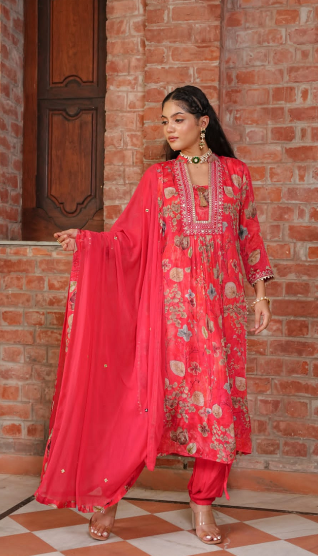 Golden Leaf Red Chinnon Punjabi Suit