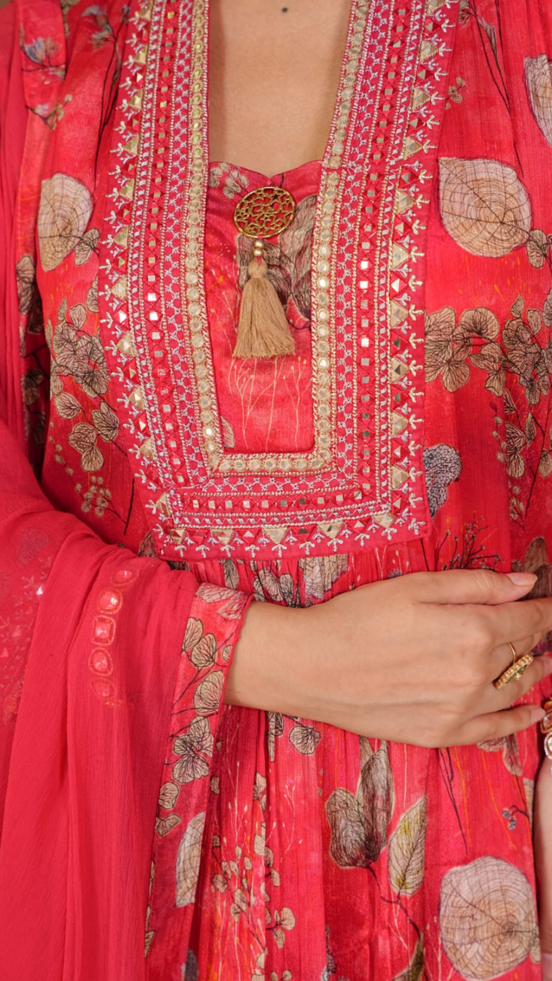 Golden Leaf Red Chinnon Punjabi Suit