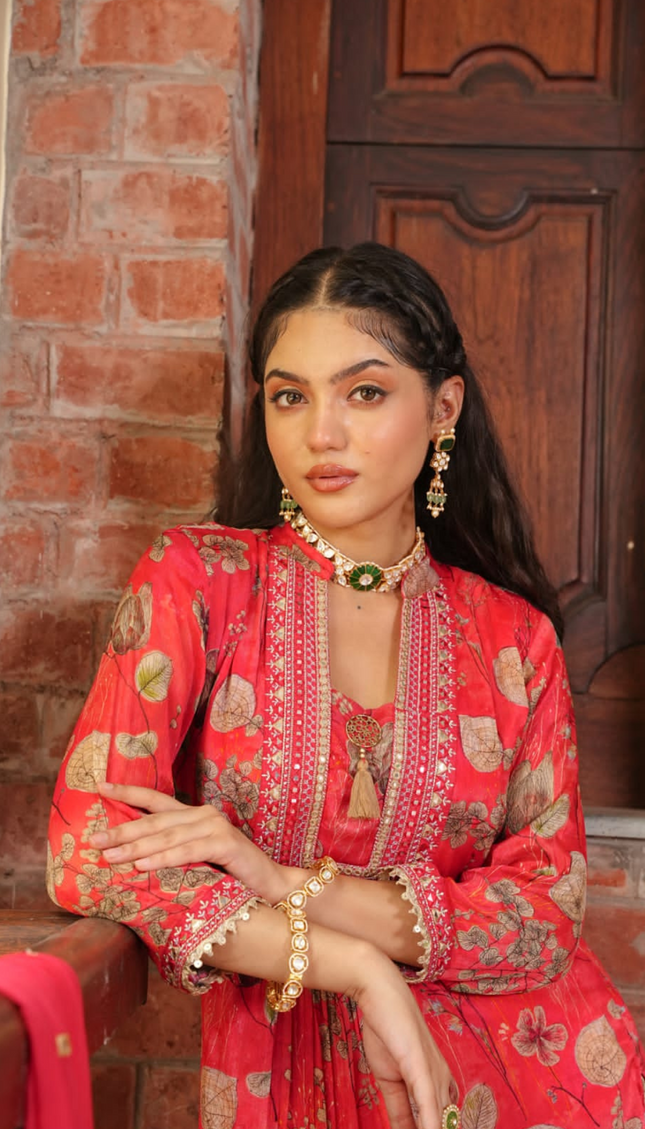 Golden Leaf Red Chinnon Punjabi Suit