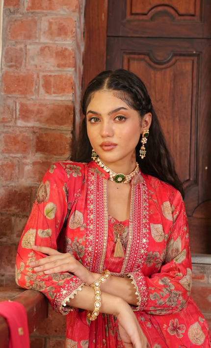 Golden Leaf Red Chinnon Punjabi Suit