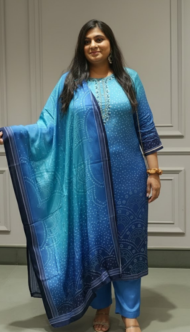 Serenity Blue Bandhani Muslin Silk Suit