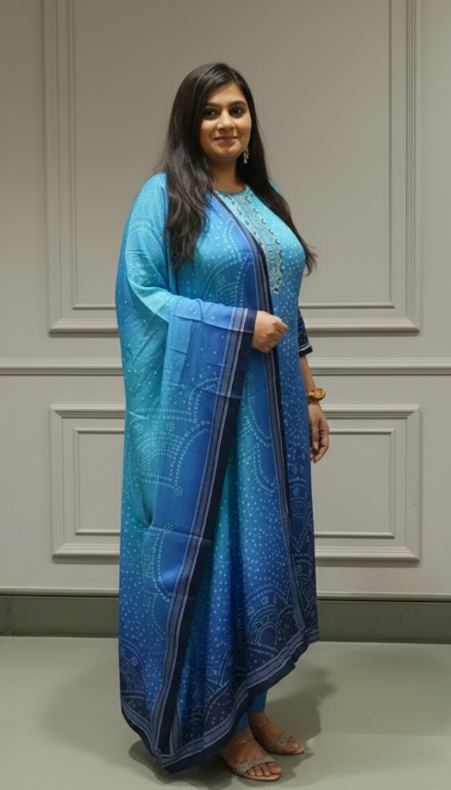 Serenity Blue Bandhani Muslin Silk Suit