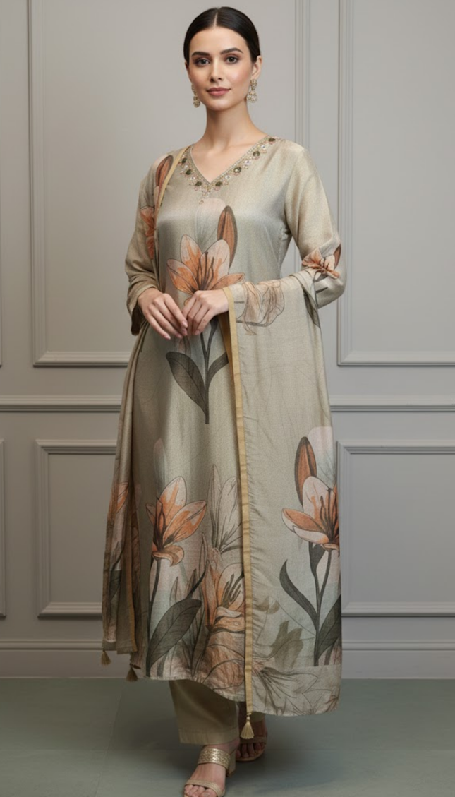 Imperial Glow Golden Beige Shimmer Punjabi Suit
