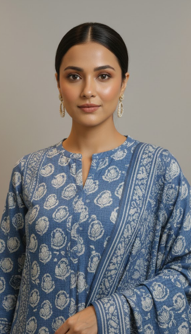 Indigo Blue Cotton Kurta Set with Floral Handblock Print (3-Piece)