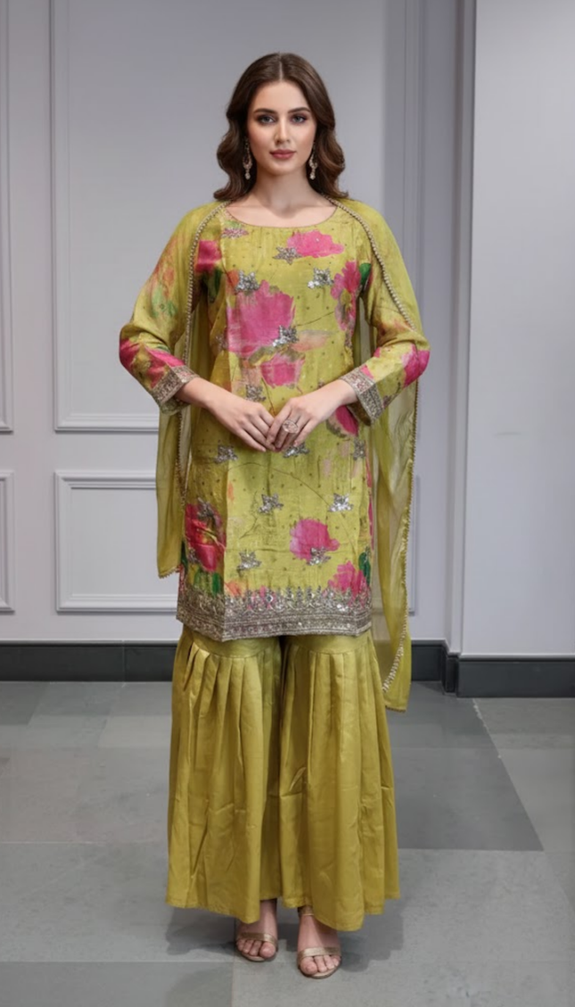 Royal Radiance Greenish-Yellow Punjabi Sharara Suit