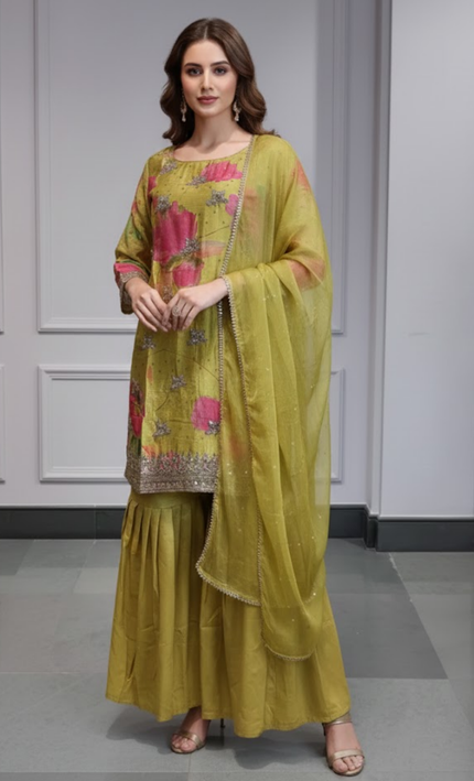 Royal Radiance Greenish-Yellow Punjabi Sharara Suit