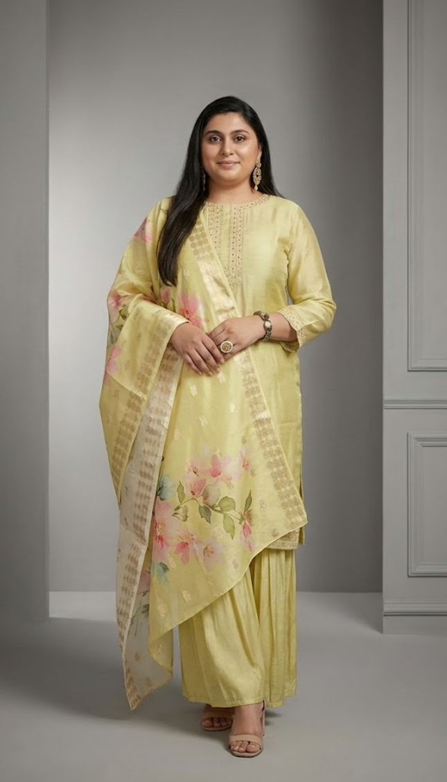 Lemon Yellow Handblock Anarkali Set with Dupatta (3-Piece Elegance)