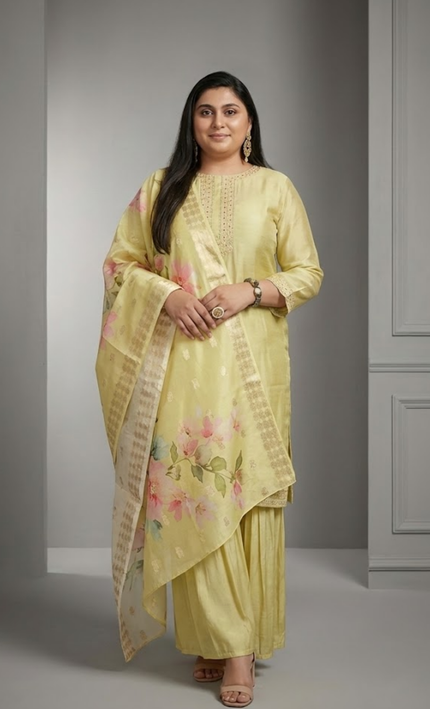 Lemon Yellow Handblock Anarkali Set with Dupatta (3-Piece Elegance)
