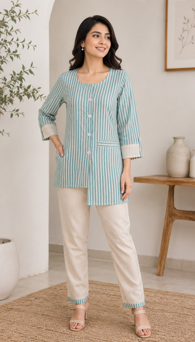 Aqua Blue & Cream Striped Co-Ord Set.