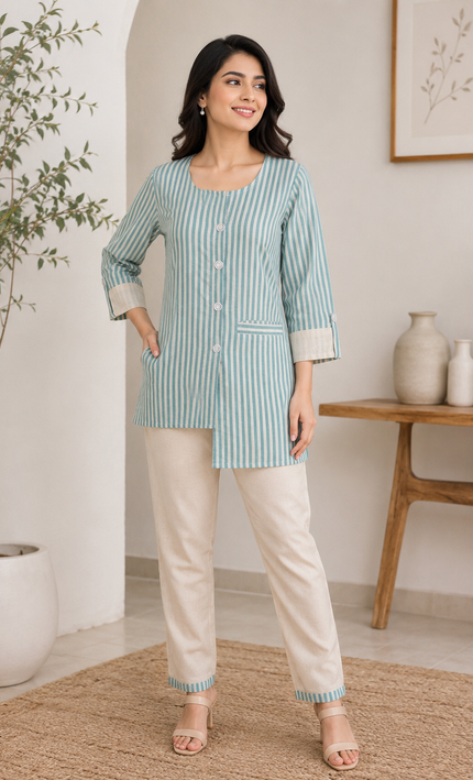 Aqua Blue & Cream Striped Co-Ord Set.