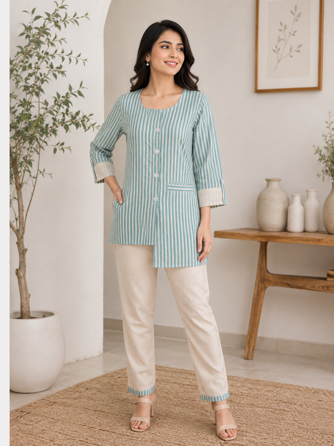 Aqua Blue & Cream Striped Co-Ord Set.