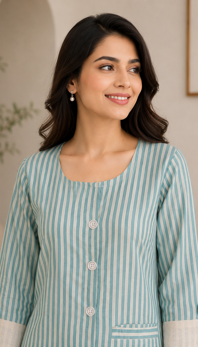 Aqua Blue & Cream Striped Co-Ord Set.