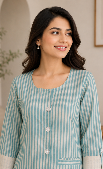 Aqua Blue & Cream Striped Co-Ord Set.