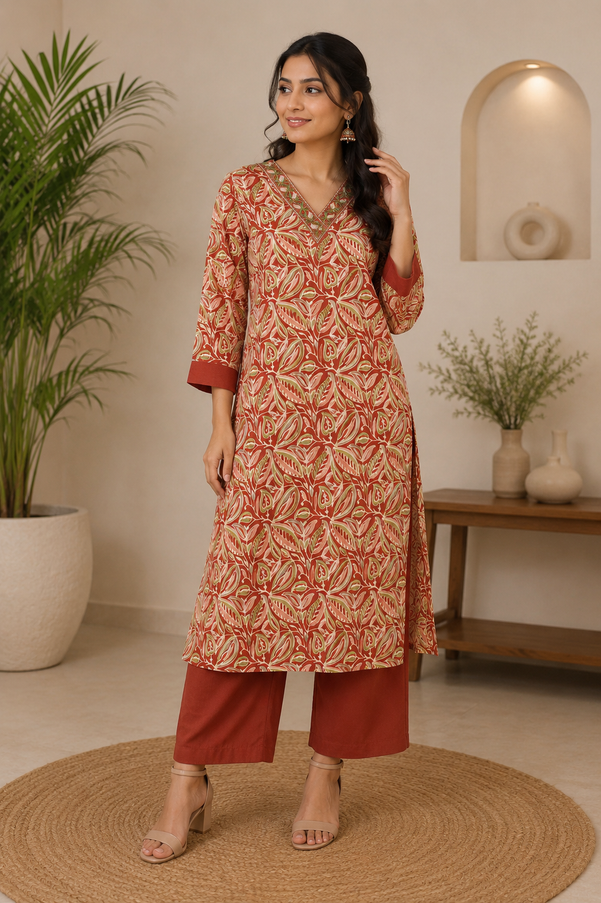 Simple and Sober Orange Kurta Pant Set For Women