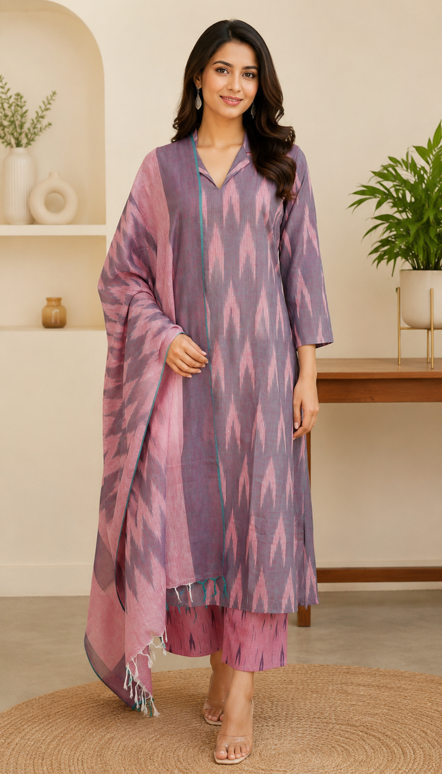 Ikkat Print purple & Pink 3 Piece Cotton Suit For Women