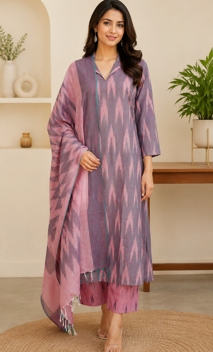 Ikkat Print purple & Pink 3 Piece Cotton Suit For Women